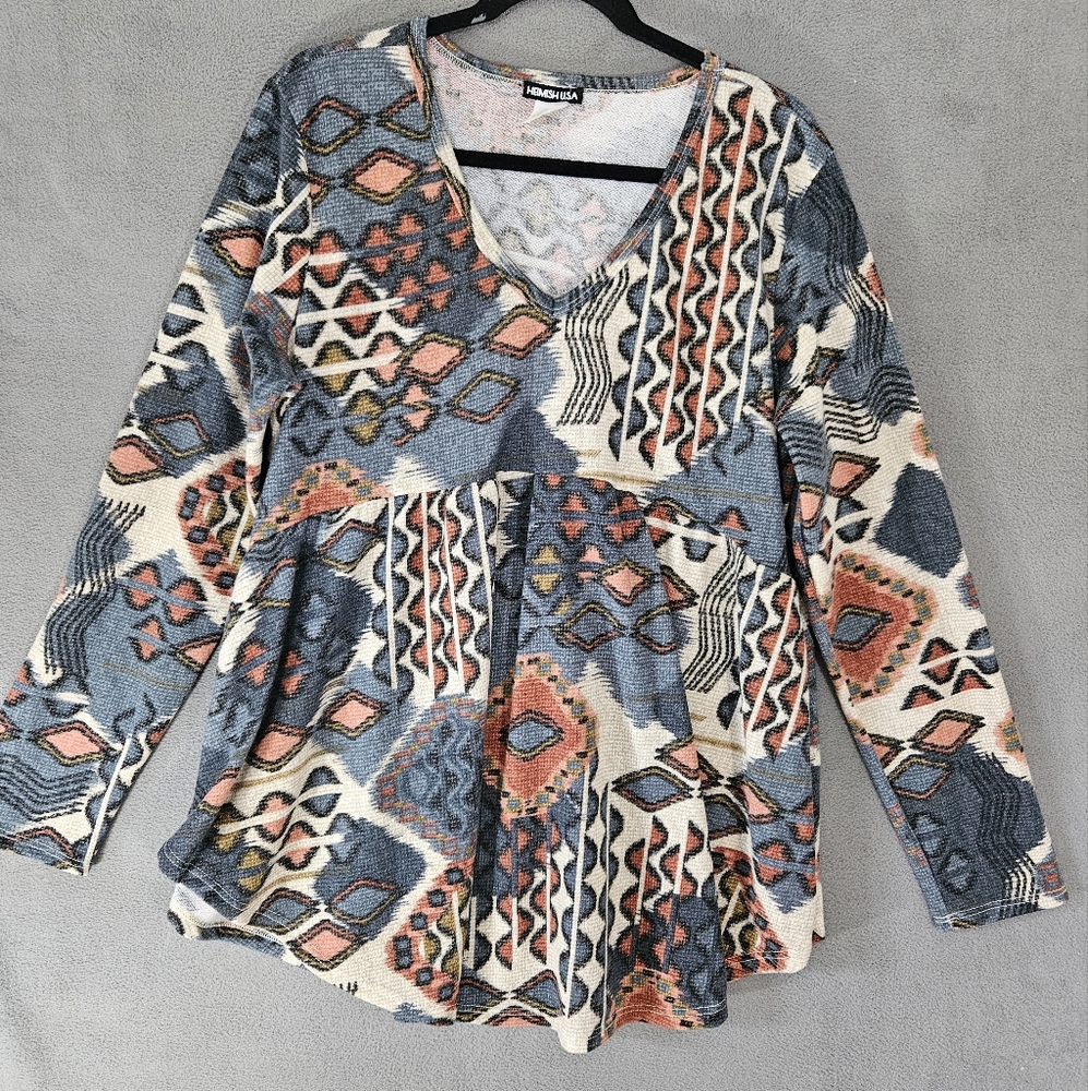 Heimish USA Womens Plus 3X Shirt Aztec Southwestern Vneck Long Sleeve Lagenlook